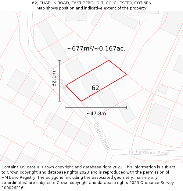 62, CHAPLIN ROAD, EAST BERGHOLT, COLCHESTER, CO7 6RN: Plot and title map