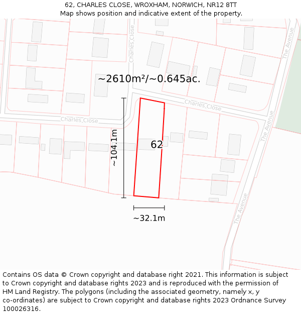 62, CHARLES CLOSE, WROXHAM, NORWICH, NR12 8TT: Plot and title map