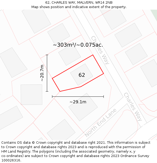 62, CHARLES WAY, MALVERN, WR14 2NB: Plot and title map