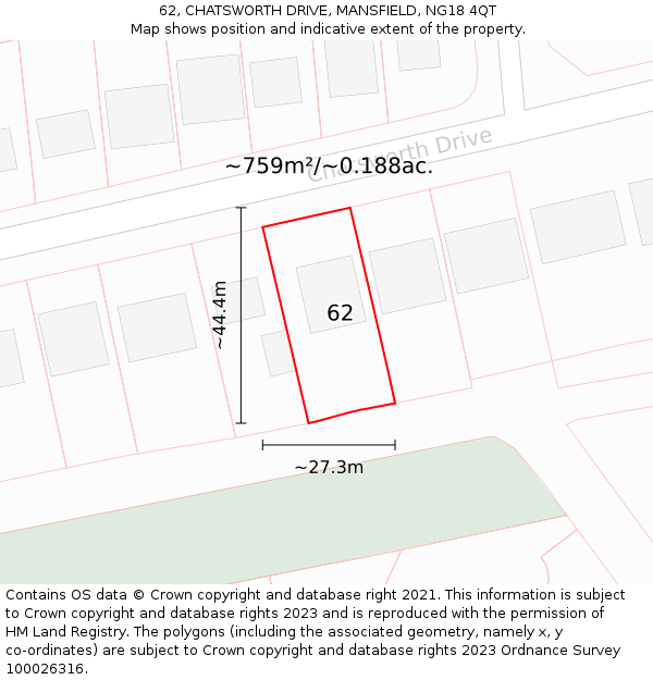 62, CHATSWORTH DRIVE, MANSFIELD, NG18 4QT: Plot and title map