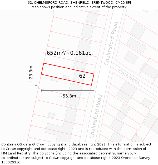 62, CHELMSFORD ROAD, SHENFIELD, BRENTWOOD, CM15 8RJ: Plot and title map