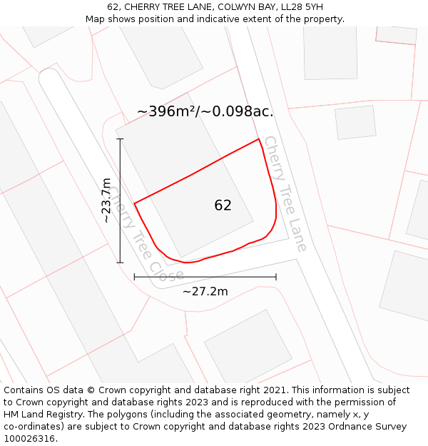 62, CHERRY TREE LANE, COLWYN BAY, LL28 5YH: Plot and title map