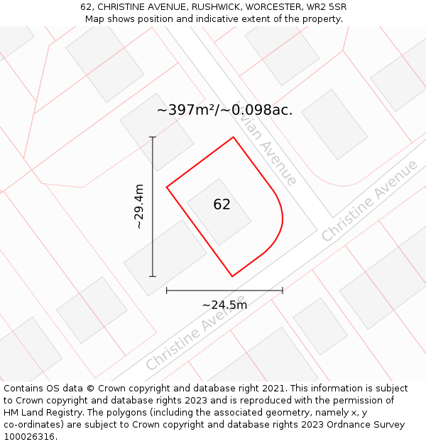 62, CHRISTINE AVENUE, RUSHWICK, WORCESTER, WR2 5SR: Plot and title map