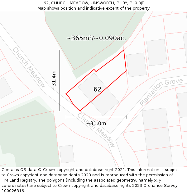 62, CHURCH MEADOW, UNSWORTH, BURY, BL9 8JF: Plot and title map