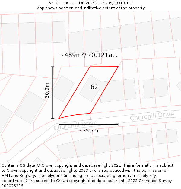 62, CHURCHILL DRIVE, SUDBURY, CO10 1LE: Plot and title map