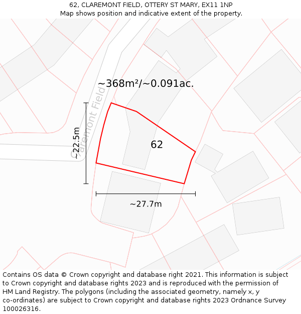 62, CLAREMONT FIELD, OTTERY ST MARY, EX11 1NP: Plot and title map