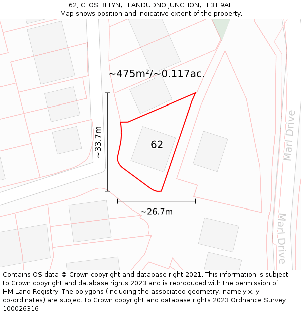 62, CLOS BELYN, LLANDUDNO JUNCTION, LL31 9AH: Plot and title map
