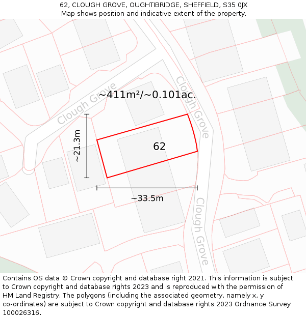 62, CLOUGH GROVE, OUGHTIBRIDGE, SHEFFIELD, S35 0JX: Plot and title map