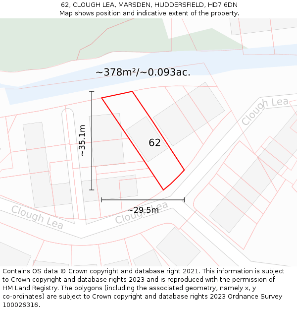 62, CLOUGH LEA, MARSDEN, HUDDERSFIELD, HD7 6DN: Plot and title map