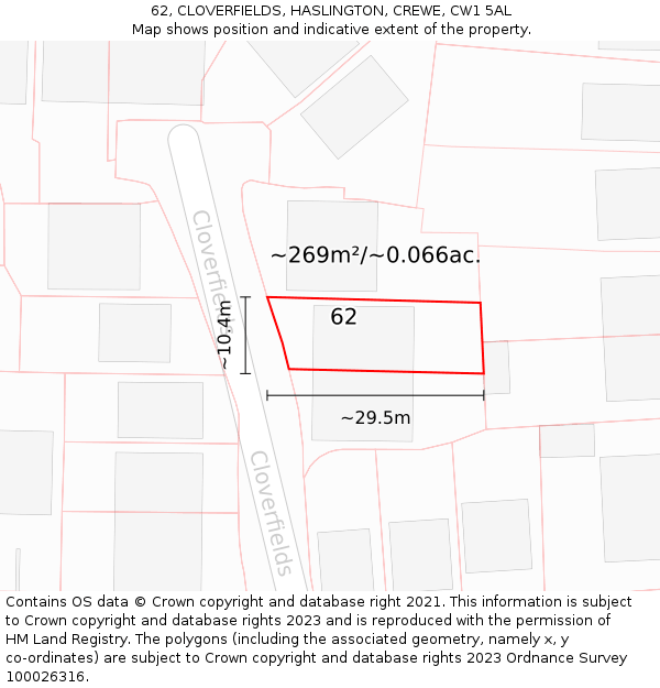 62, CLOVERFIELDS, HASLINGTON, CREWE, CW1 5AL: Plot and title map