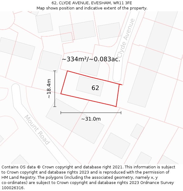62, CLYDE AVENUE, EVESHAM, WR11 3FE: Plot and title map