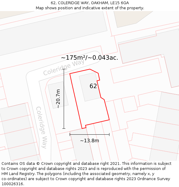 62, COLERIDGE WAY, OAKHAM, LE15 6GA: Plot and title map