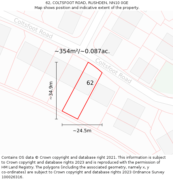 62, COLTSFOOT ROAD, RUSHDEN, NN10 0GE: Plot and title map