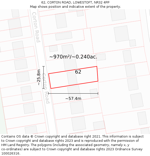62, CORTON ROAD, LOWESTOFT, NR32 4PP: Plot and title map