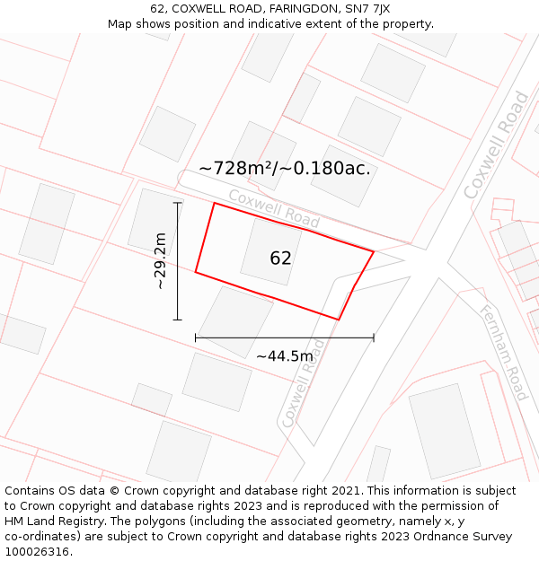 62, COXWELL ROAD, FARINGDON, SN7 7JX: Plot and title map