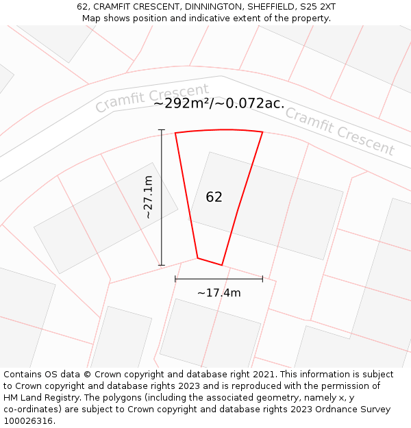 62, CRAMFIT CRESCENT, DINNINGTON, SHEFFIELD, S25 2XT: Plot and title map