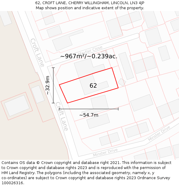 62, CROFT LANE, CHERRY WILLINGHAM, LINCOLN, LN3 4JP: Plot and title map