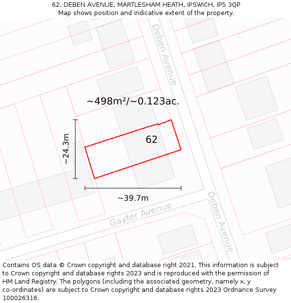 62, DEBEN AVENUE, MARTLESHAM HEATH, IPSWICH, IP5 3QP: Plot and title map
