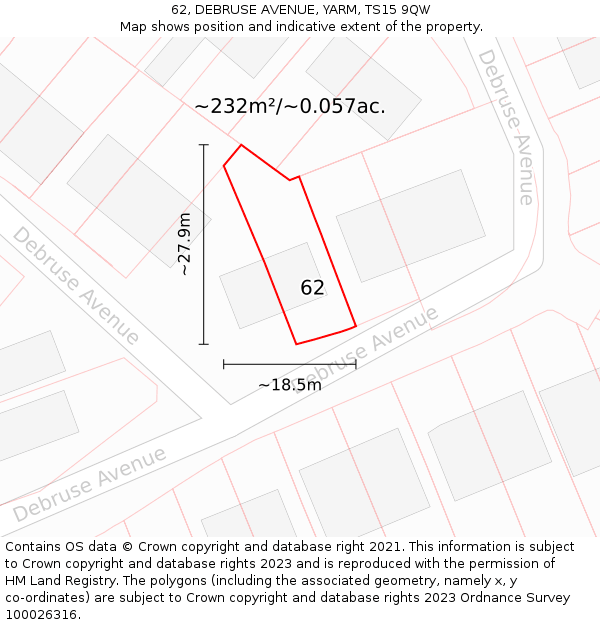 62, DEBRUSE AVENUE, YARM, TS15 9QW: Plot and title map