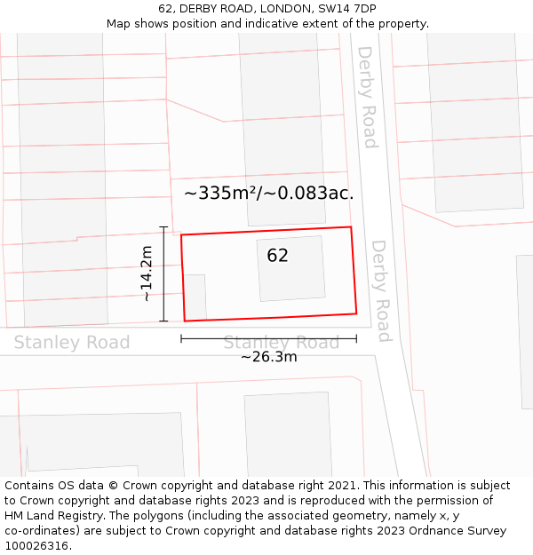 62, DERBY ROAD, LONDON, SW14 7DP: Plot and title map