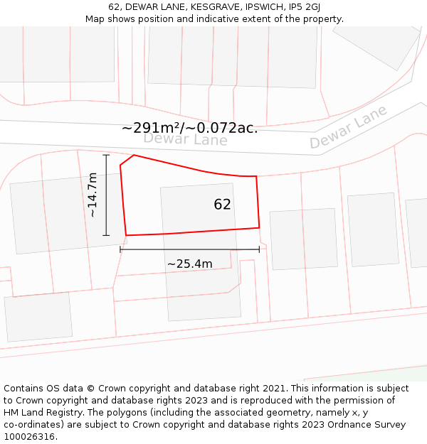 62, DEWAR LANE, KESGRAVE, IPSWICH, IP5 2GJ: Plot and title map