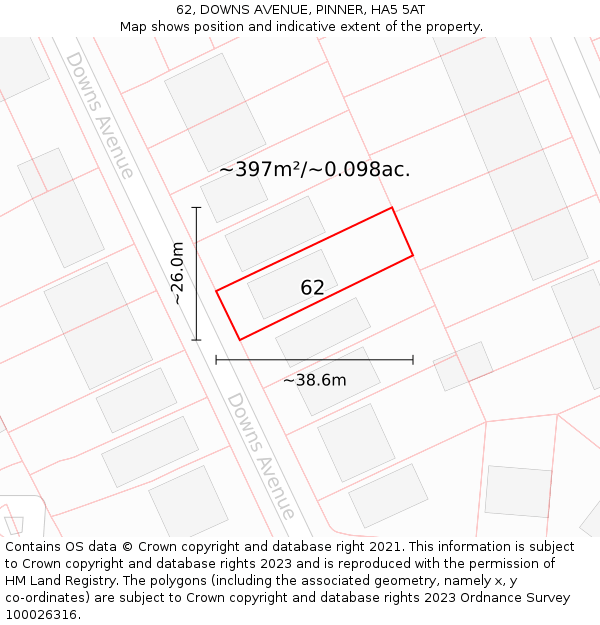 62, DOWNS AVENUE, PINNER, HA5 5AT: Plot and title map