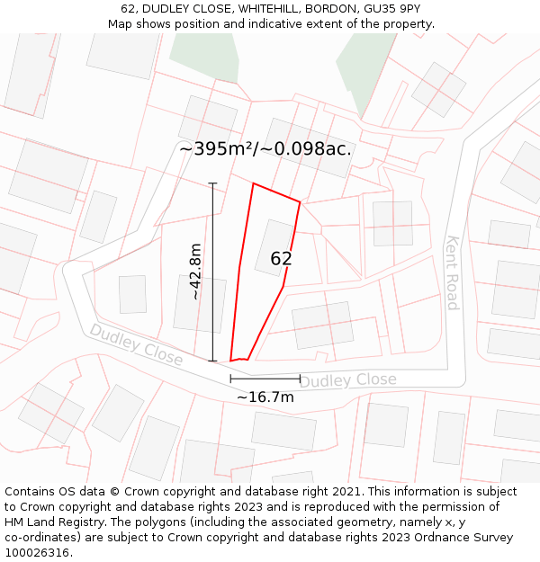 62, DUDLEY CLOSE, WHITEHILL, BORDON, GU35 9PY: Plot and title map