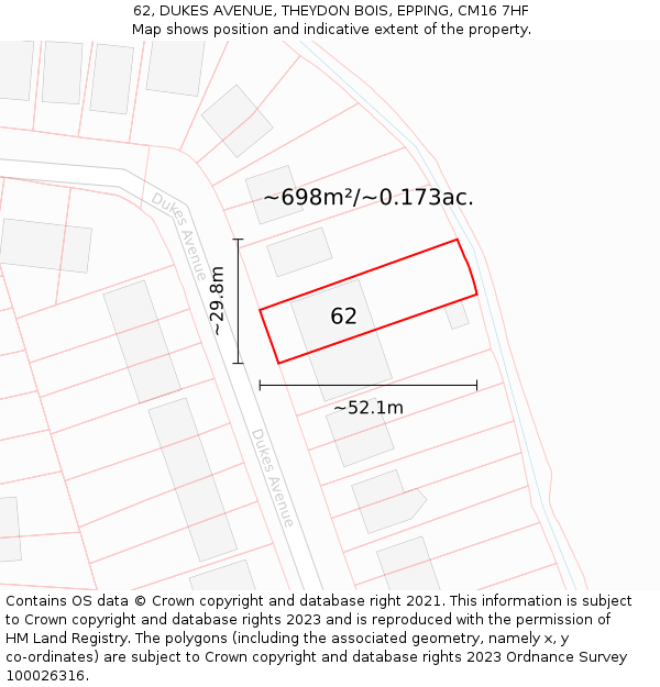 62, DUKES AVENUE, THEYDON BOIS, EPPING, CM16 7HF: Plot and title map