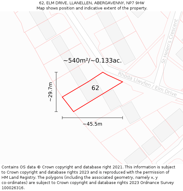 62, ELM DRIVE, LLANELLEN, ABERGAVENNY, NP7 9HW: Plot and title map