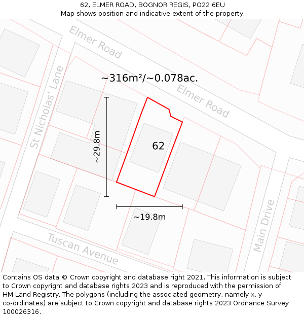 62, ELMER ROAD, BOGNOR REGIS, PO22 6EU: Plot and title map