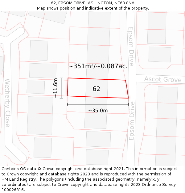 62, EPSOM DRIVE, ASHINGTON, NE63 8NA: Plot and title map