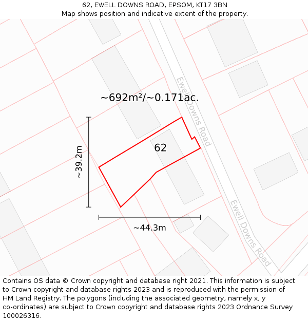 62, EWELL DOWNS ROAD, EPSOM, KT17 3BN: Plot and title map