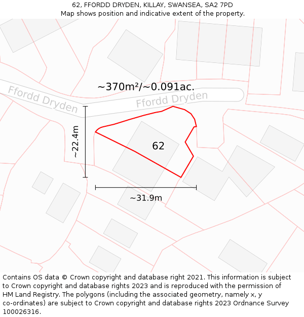 62, FFORDD DRYDEN, KILLAY, SWANSEA, SA2 7PD: Plot and title map