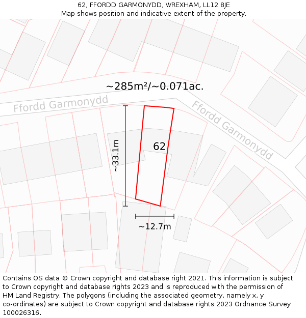 62, FFORDD GARMONYDD, WREXHAM, LL12 8JE: Plot and title map