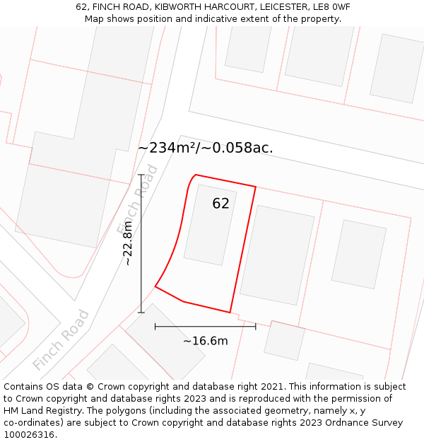 62, FINCH ROAD, KIBWORTH HARCOURT, LEICESTER, LE8 0WF: Plot and title map