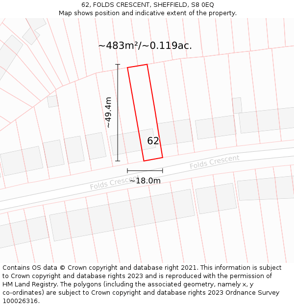 62, FOLDS CRESCENT, SHEFFIELD, S8 0EQ: Plot and title map