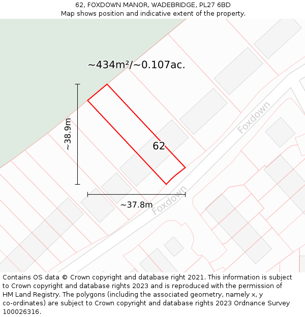 62, FOXDOWN MANOR, WADEBRIDGE, PL27 6BD: Plot and title map