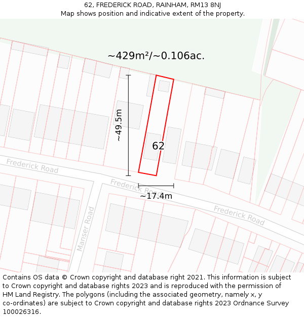 62, FREDERICK ROAD, RAINHAM, RM13 8NJ: Plot and title map