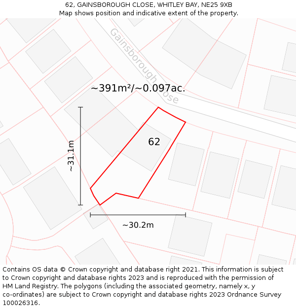 62, GAINSBOROUGH CLOSE, WHITLEY BAY, NE25 9XB: Plot and title map