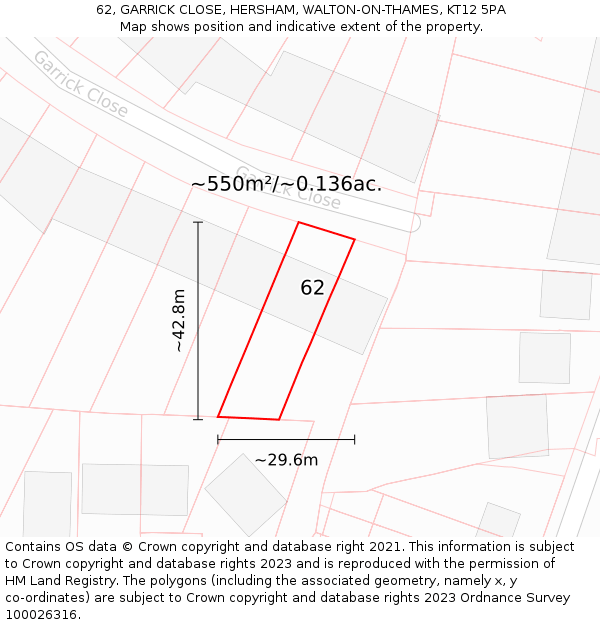 62, GARRICK CLOSE, HERSHAM, WALTON-ON-THAMES, KT12 5PA: Plot and title map