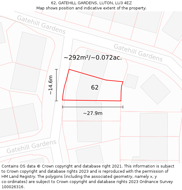 62, GATEHILL GARDENS, LUTON, LU3 4EZ: Plot and title map