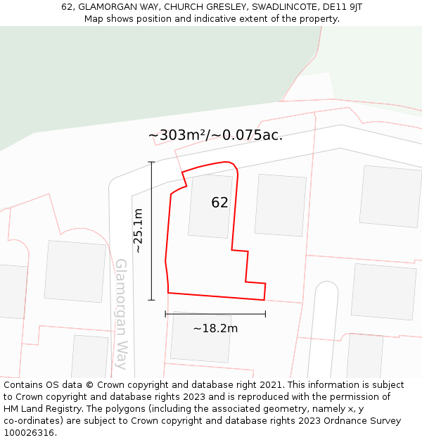 62, GLAMORGAN WAY, CHURCH GRESLEY, SWADLINCOTE, DE11 9JT: Plot and title map