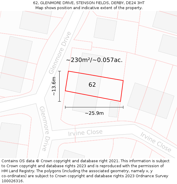 62, GLENMORE DRIVE, STENSON FIELDS, DERBY, DE24 3HT: Plot and title map