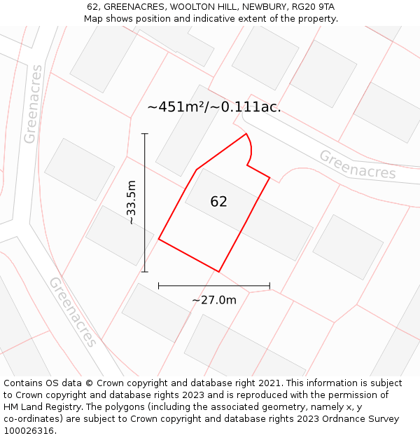 62, GREENACRES, WOOLTON HILL, NEWBURY, RG20 9TA: Plot and title map