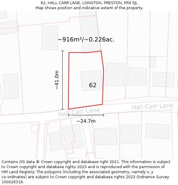 62, HALL CARR LANE, LONGTON, PRESTON, PR4 5JL: Plot and title map