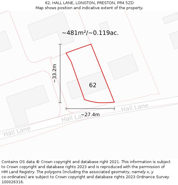 62, HALL LANE, LONGTON, PRESTON, PR4 5ZD: Plot and title map