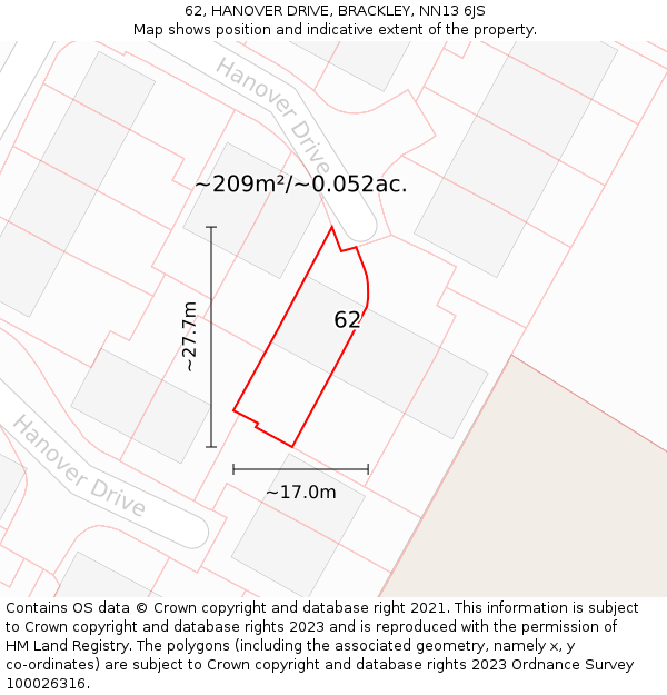 62, HANOVER DRIVE, BRACKLEY, NN13 6JS: Plot and title map