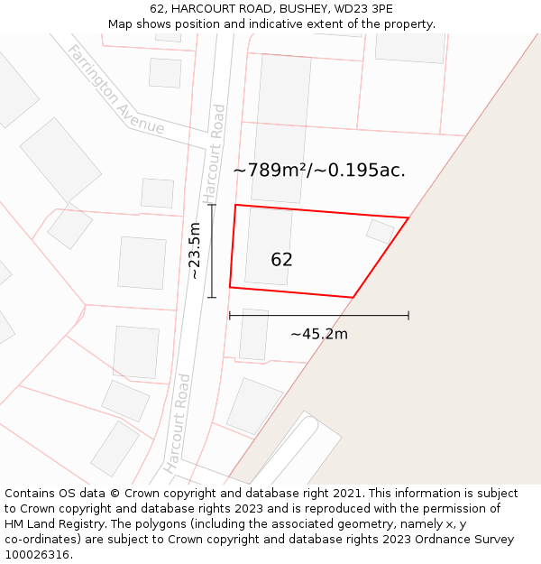 62, HARCOURT ROAD, BUSHEY, WD23 3PE: Plot and title map