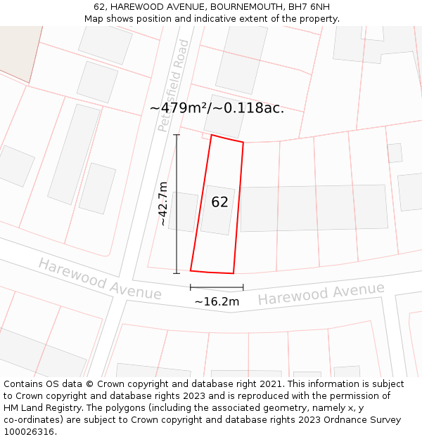 62, HAREWOOD AVENUE, BOURNEMOUTH, BH7 6NH: Plot and title map