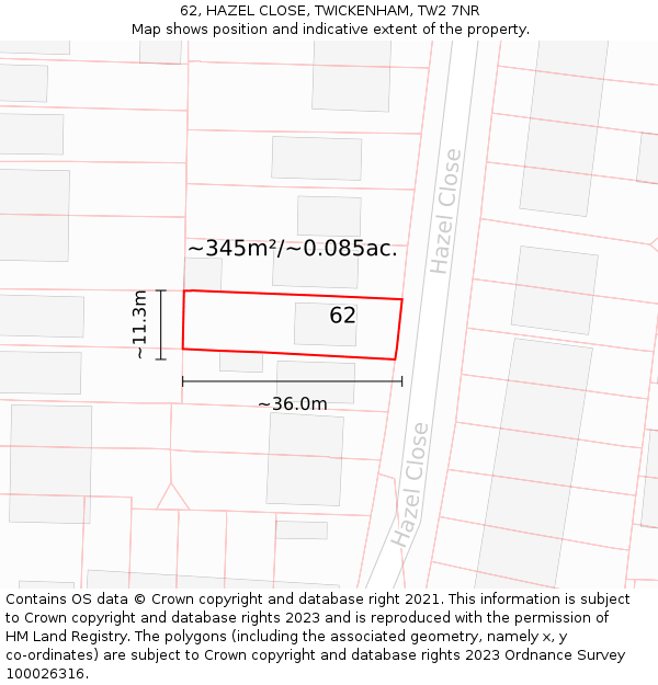 62, HAZEL CLOSE, TWICKENHAM, TW2 7NR: Plot and title map